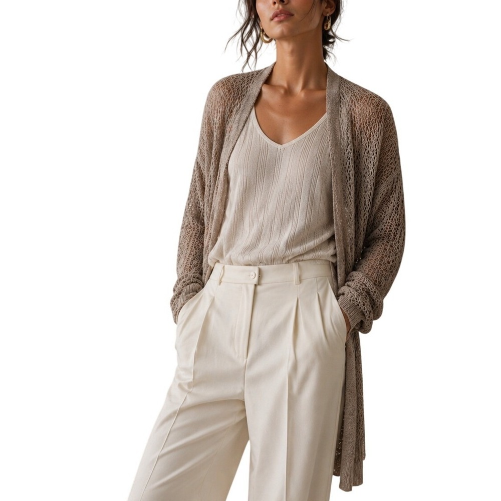 White House Black Market Boho Taupe Metallic Mesh Open Front Longline Cardigan S